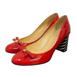 Kate Spade Calista Red Patent Bow Pumps With Black & Cream Striped Heels Size 7